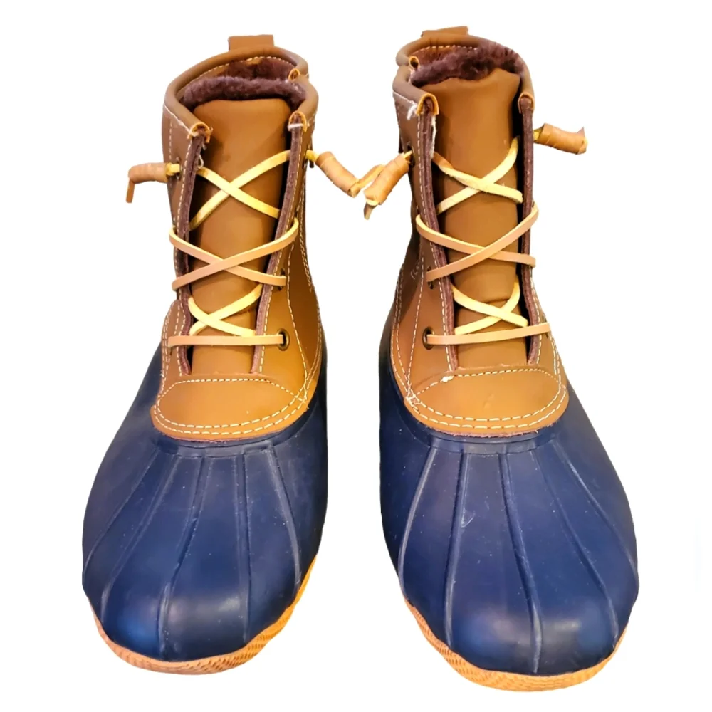 Serra Navy/Tan Rain Duck‎ Leather/Rubber Faux Fur Boots, 3M Thinsulate, Size 8